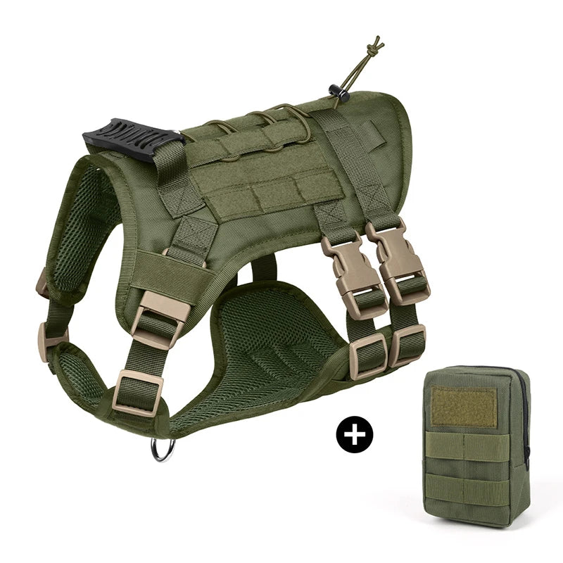 Olive green heavy-duty dog harness and leash set with padded straps