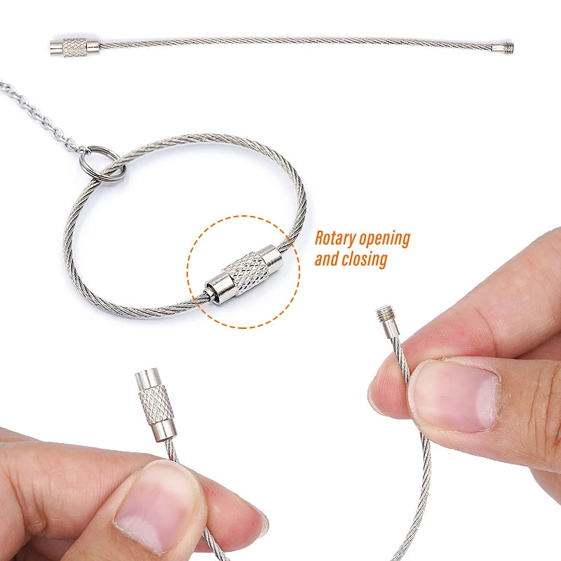 Stainless steel parrot training anklet showing various forms including a loop and a straight wire.