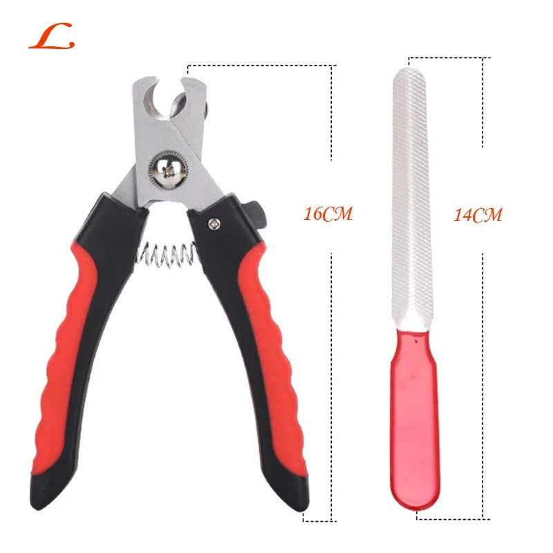 Stainless steel pet nail clippers with red and black handles shown next to a measurement scale.