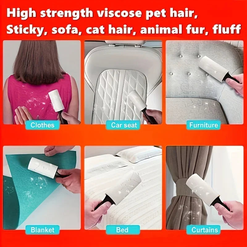 Lint roller used to remove pet hair and lint from various surfaces like clothing, car seats, furniture, blankets, beds, and c