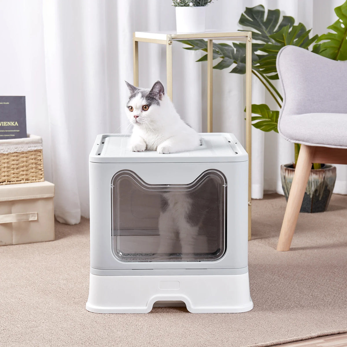 Foldable Cat Litter Box with Front Entry, Top Exit, and Drawer Tray