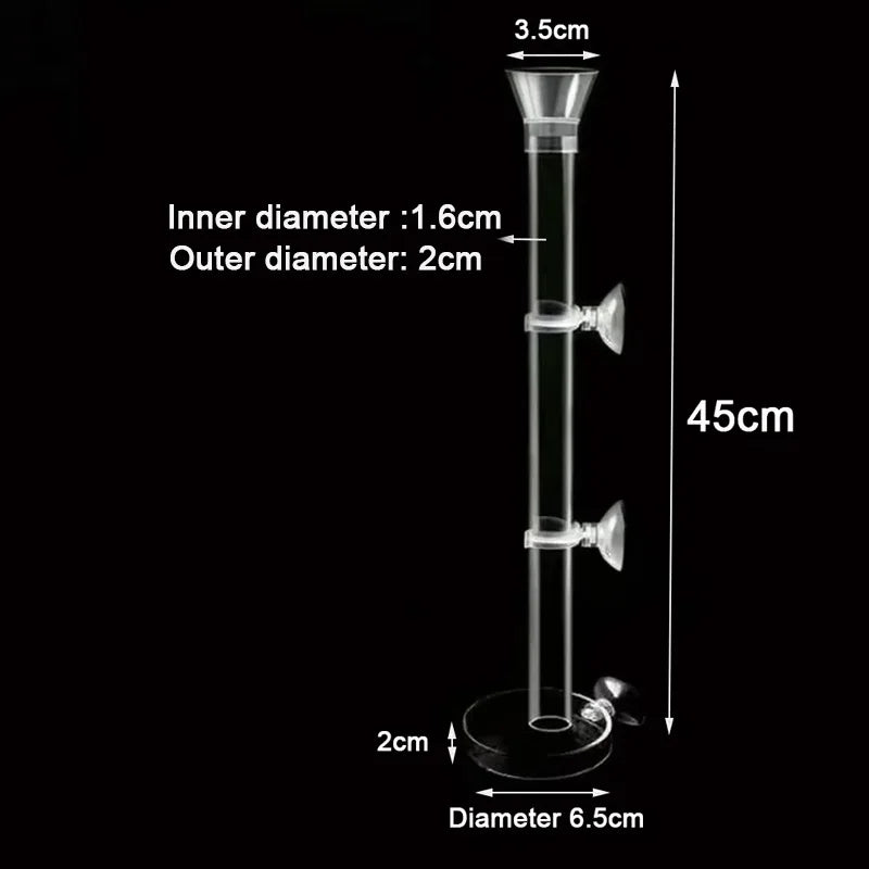 A transparent glass tube feeder with an inner diameter of 1.6cm and outer diameter of 2cm, measuring 45cm tall.