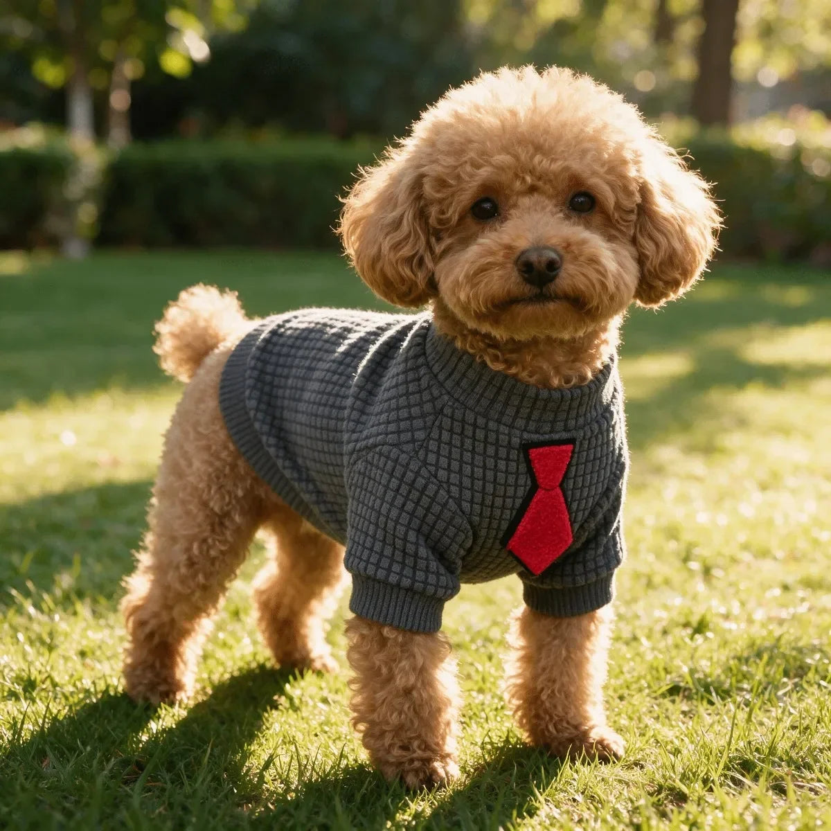 A fluffy light brown dog wearing a grey waffle knit shirt with a red tie standing in green grass.