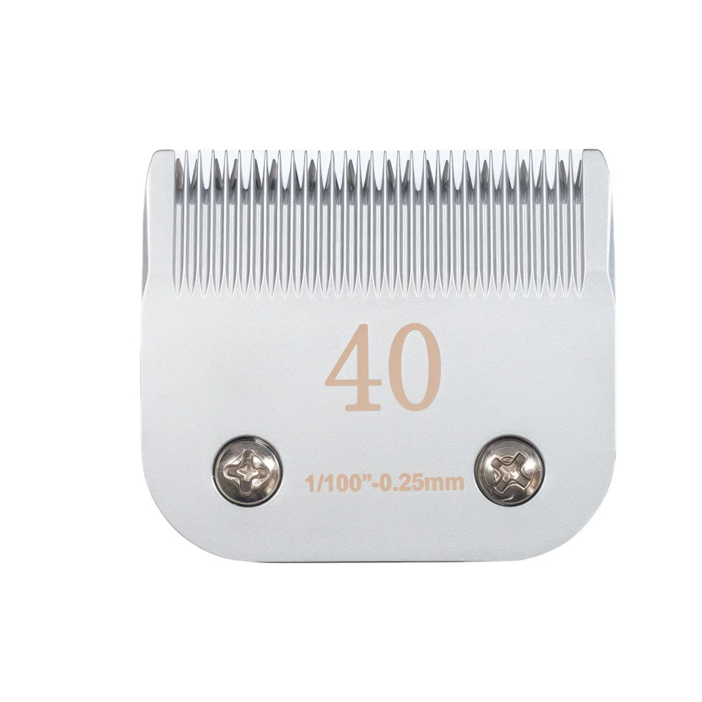 Silver pet clipper blades with 40 teeth and a 1/100"-0.25mm depth setting.