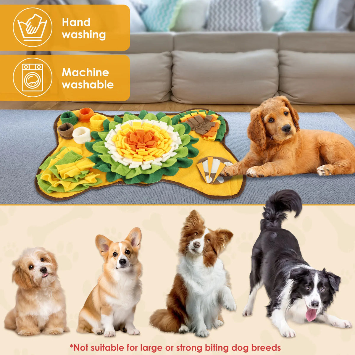 A dog is lying on a yellow snuffle mat with various fabric pieces for smell training and slow feeding.