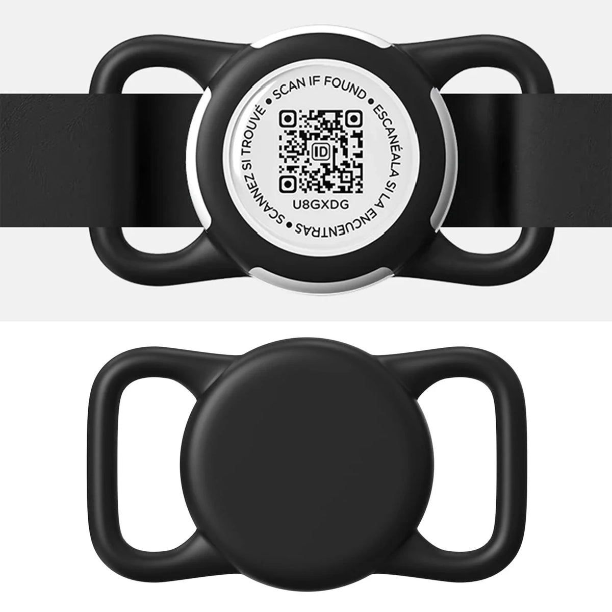 A black silicone airtag holder with a circular lens and a QR code is shown.