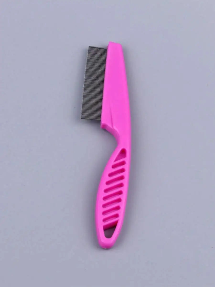 A pink fine-toothed stainless steel pet grooming comb with a curved handle and a serrated blade.