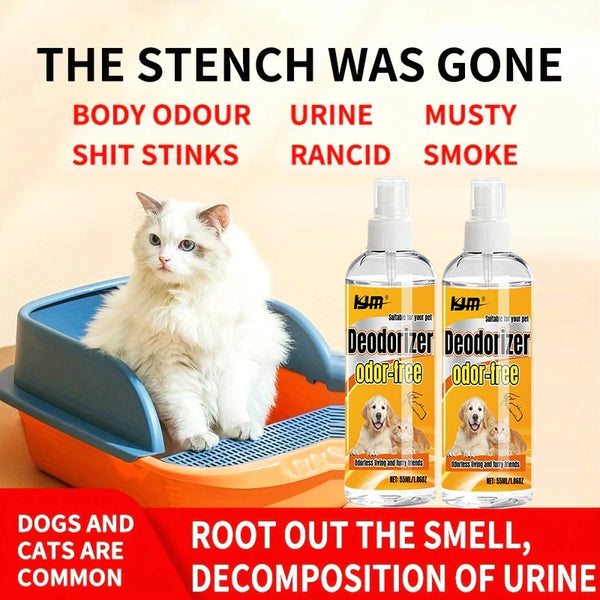 A bottle of odor-free deodorizer spray next to a white cat in a blue pet bowl.