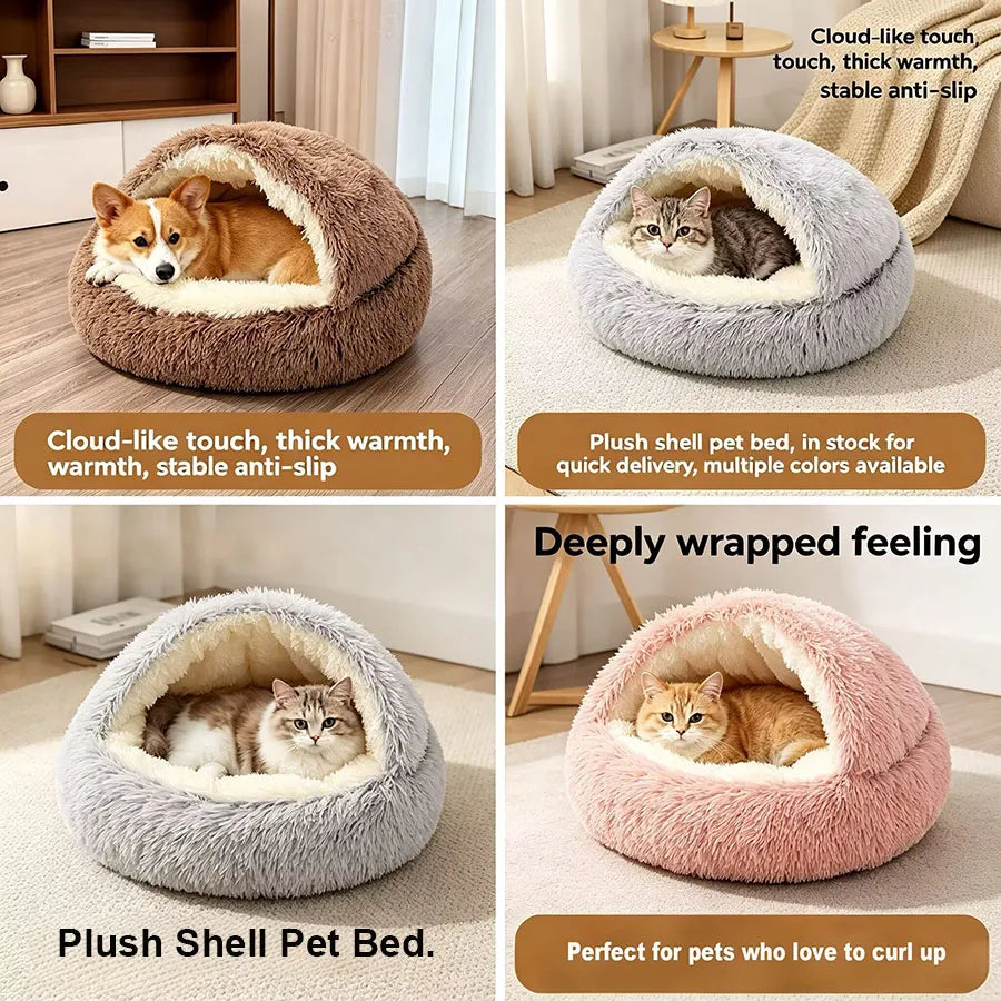 A fluffy pet bed nest for cats and dogs shown in various colors and textures.
