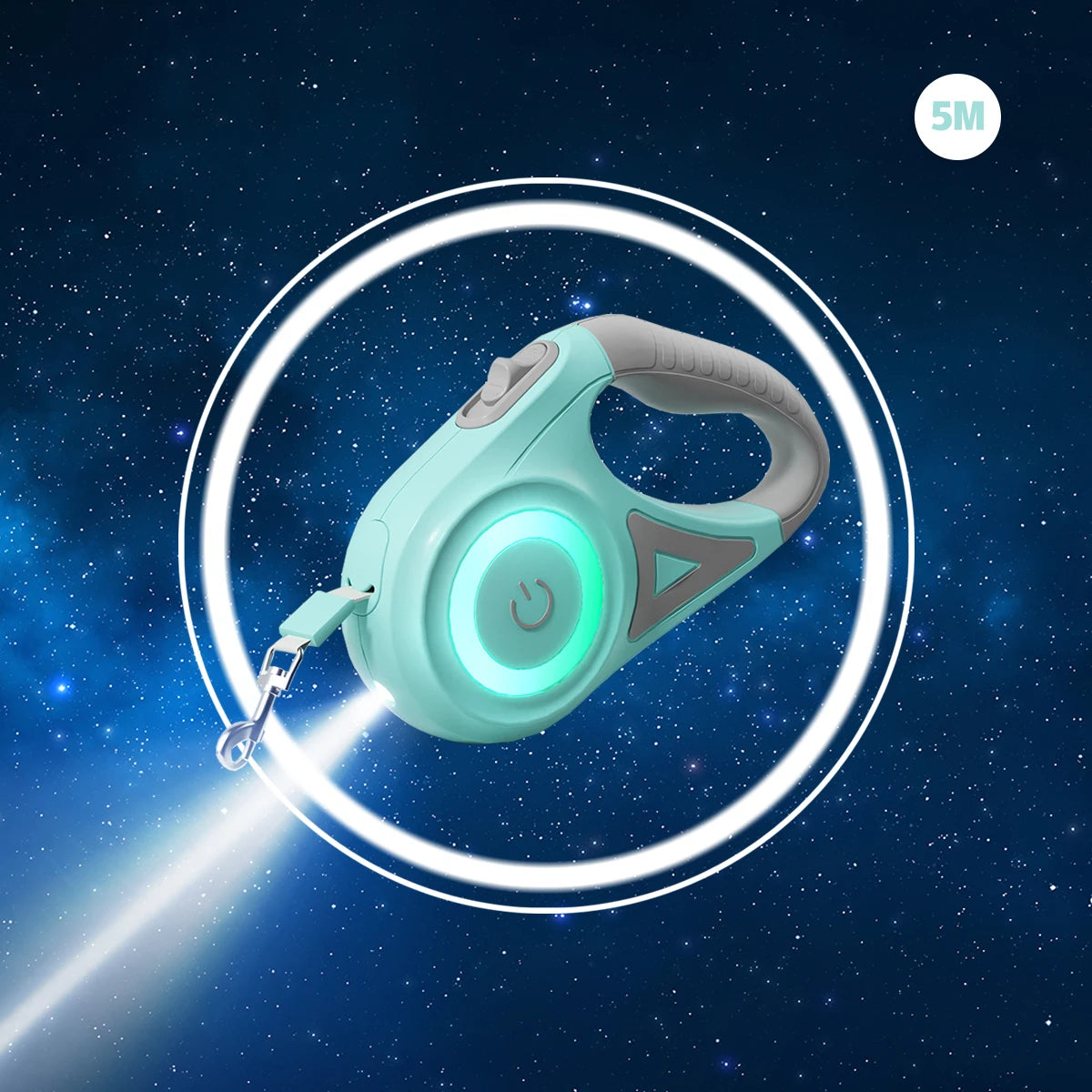 A light mint green LED retractable dog leash with a night light is shown against a dark blue starry background.