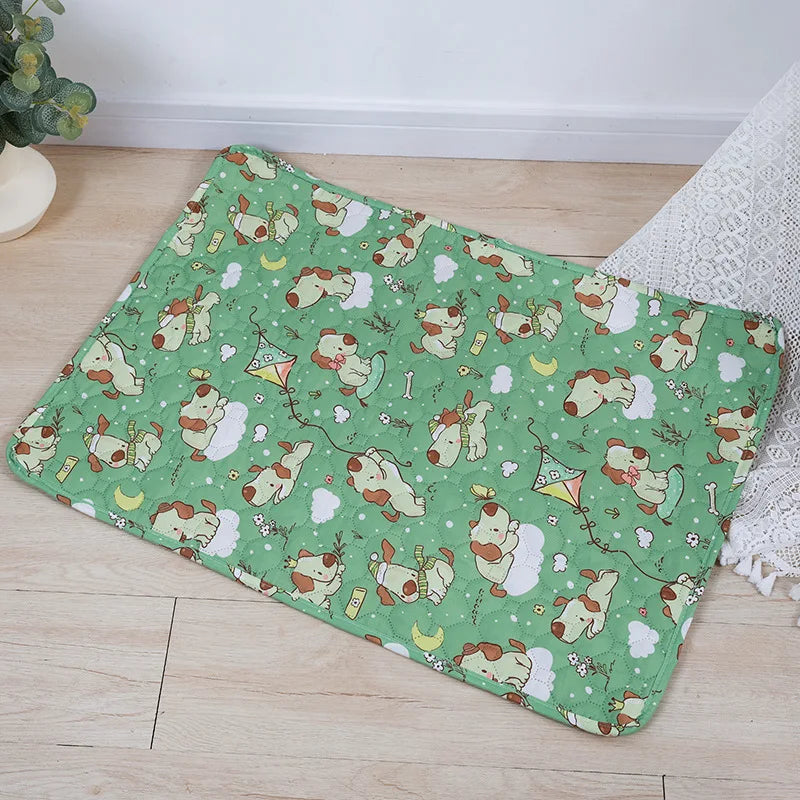 A green fabric mat featuring cute cartoon dogs and clouds for dog training.