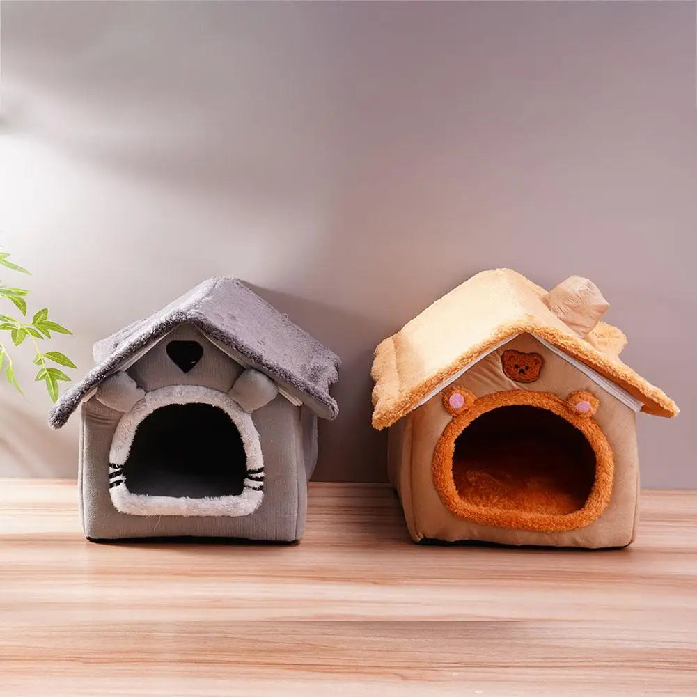 A cozy plush pet bed cave with a removable cushion for small dogs and cats, featuring an entrance and soft exterior.