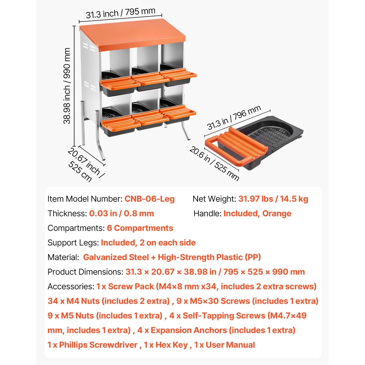 Orange galvanized steel chicken nesting box with egg collection tray and accessories