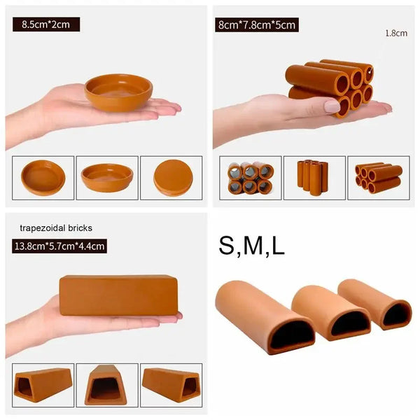 Various sizes of terracotta bricks and cylindrical shelters for ceramic aquarium breeding and shrimp protection