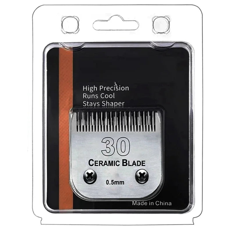 A black pet clipper blade with a 30 ceramic blade and 0.5mm size, packaged in clear plastic.