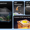 Diagrams showing the solar spectrum, 360 degree adjustment, 120 degree angle light, and custom lamp beads for a full spectrum