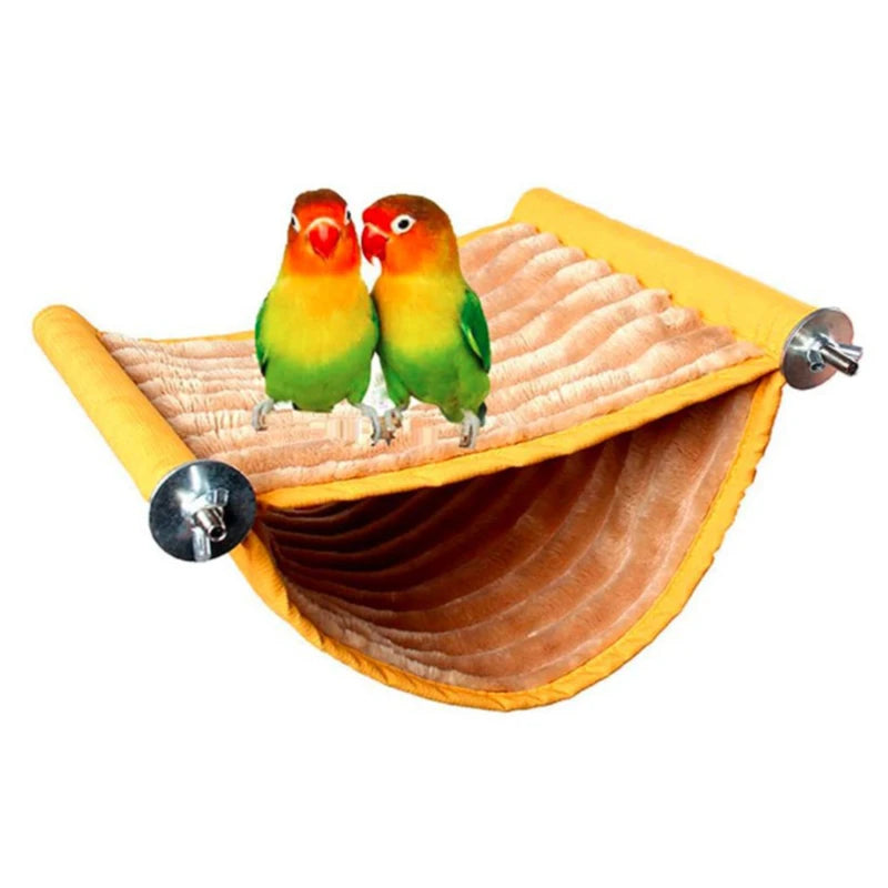 A cozy fleece bird hammock with two colorful parrots inside.