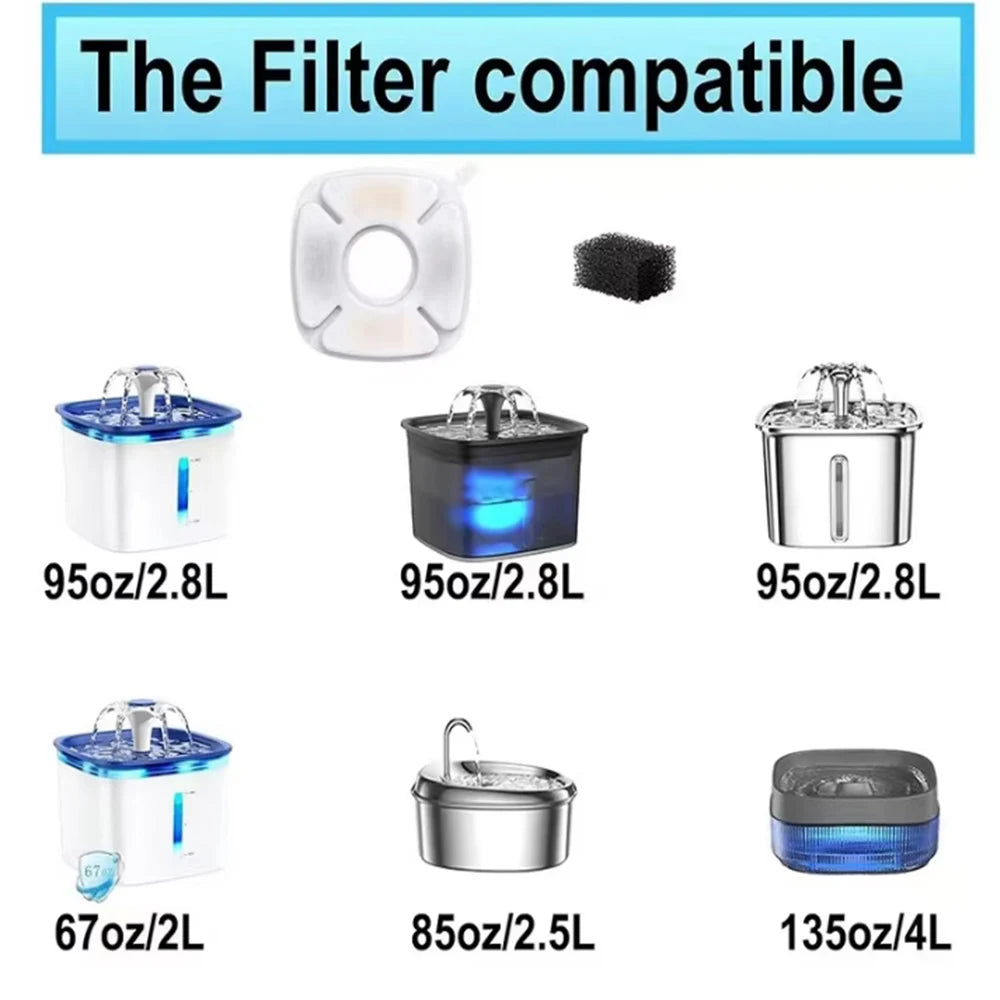 A collection of water fountain replacement filters including various sizes and types for pet water fountains.