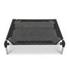 A black elevated mesh pet bed with a metal frame.