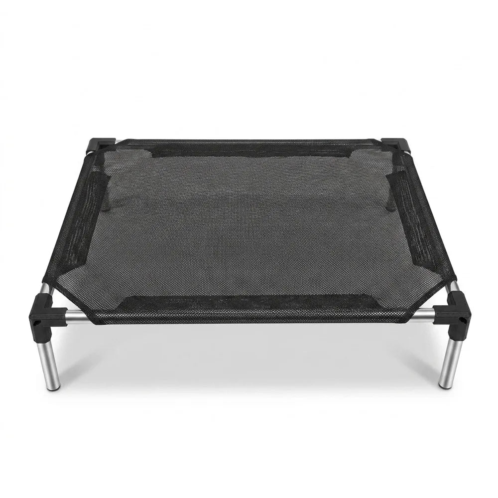 A black elevated mesh pet bed with a metal frame.