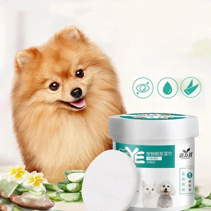 A fluffy orange dog is shown next to a container of pet eye and ear cleaning wipes for dogs and cats.