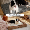 A black and white dog is resting on a versatile pet mat, shown in two contexts: inside a wire cage and outdoors on a soft rug