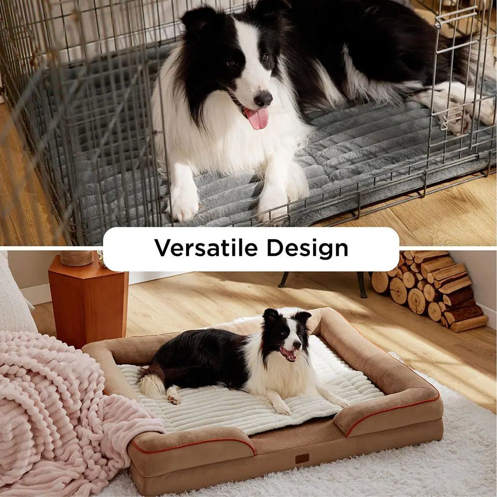 A black and white dog is resting on a versatile pet mat, shown in two contexts: inside a wire cage and outdoors on a soft rug