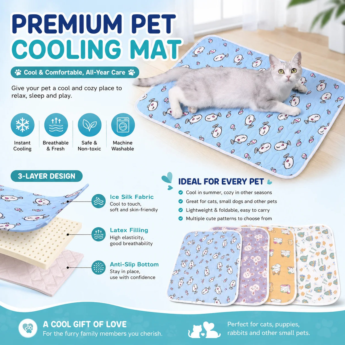 A blue pet cooling mat made with a 3-layer design featuring ice silk fabric for pets.