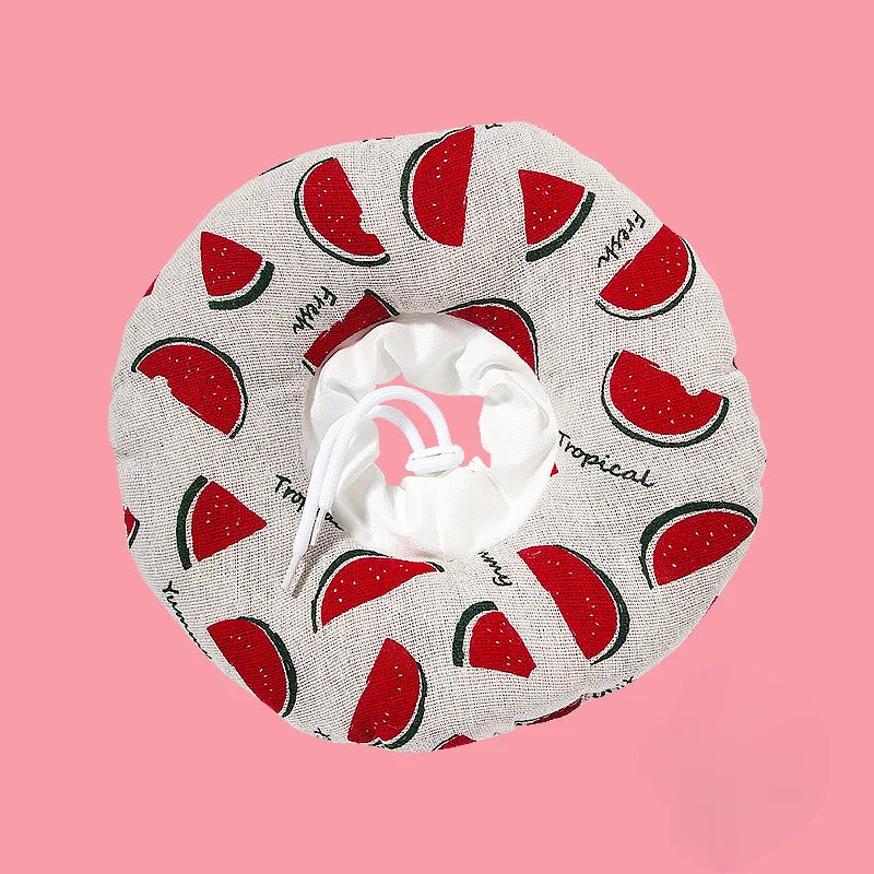 A soft cotton recovery collar for dogs and cats featuring a pattern of red watermelon slices on a light background.