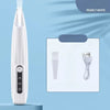 A white portable dog grooming trimmer is shown next to its components, including a brush and a charging cable.