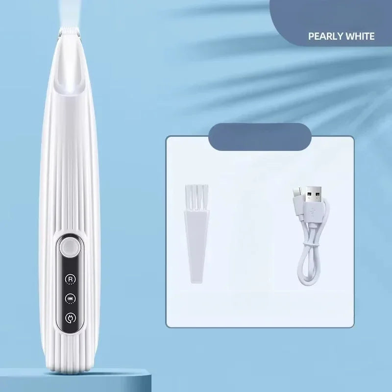A white portable dog grooming trimmer is shown next to its components, including a brush and a charging cable.