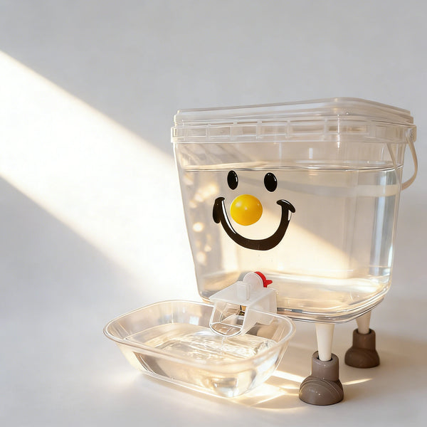 Dispensa automática de agua para mascotas de plástico transparente con una cara sonriente, sobre un soporte.