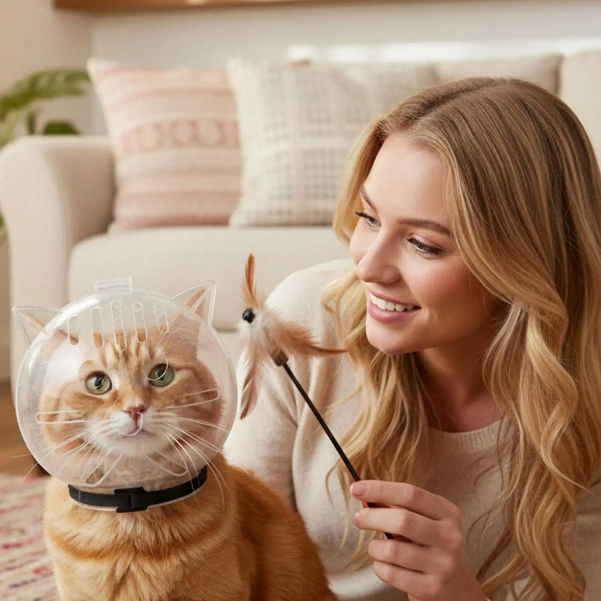A woman is gently grooming a orange tabby cat with a transparent grooming hood.