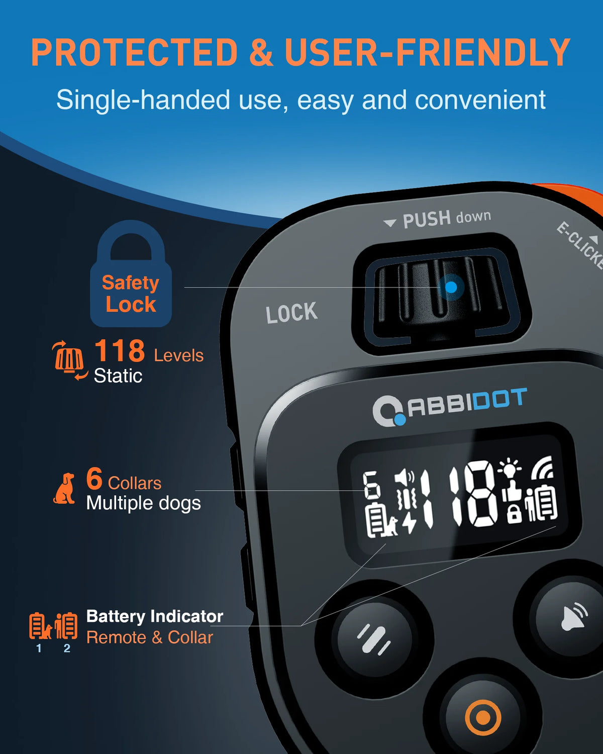 A close-up view of a black remote dog training collar with a safety lock and battery indicator.