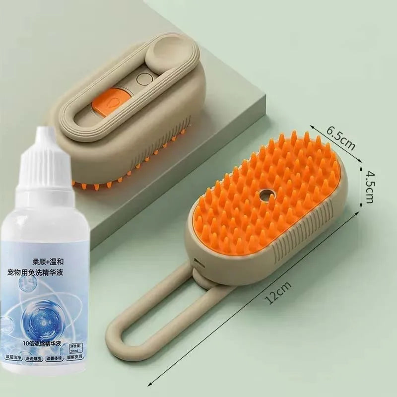 A beige steam grooming brush with an orange comb is shown next to its bottle on a light green surface.