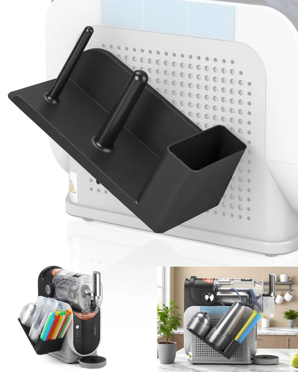 Organizador de taza y soporte de accesorios para máquina de slushie Ninja, mostrado en carcasa de plástico blanco.