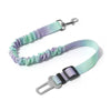 A purple and green adjustable traction rope safety harness with a metal clip and buckle.