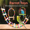 Natural wood parrot toys featuring a climbing ladder and swing with colorful beads and balls.