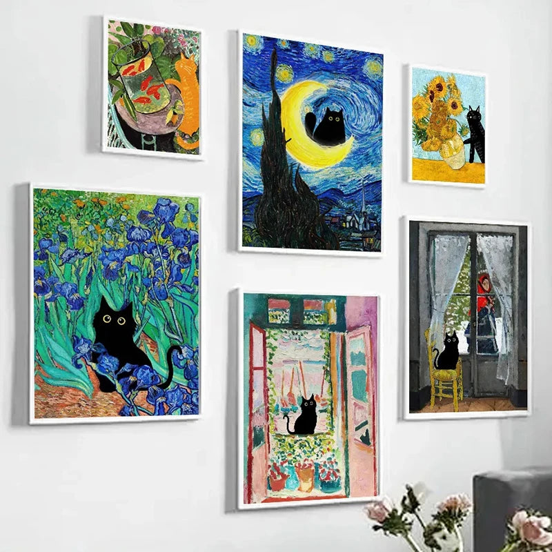 A collection of vibrant canvas prints featuring cats, landscapes, and abstract art styles.