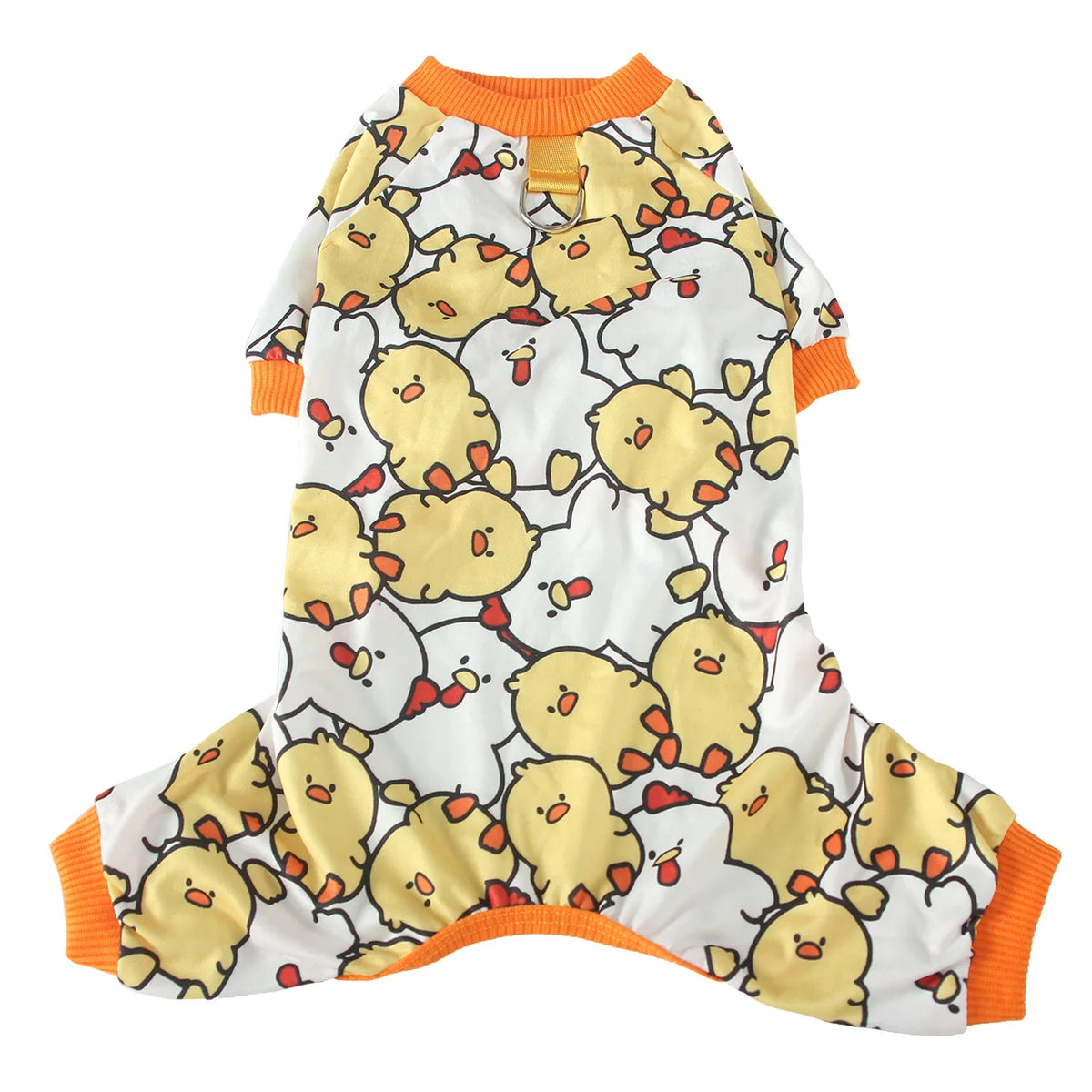 A yellow and white animal print dog jumpsuit onesie for small breeds.