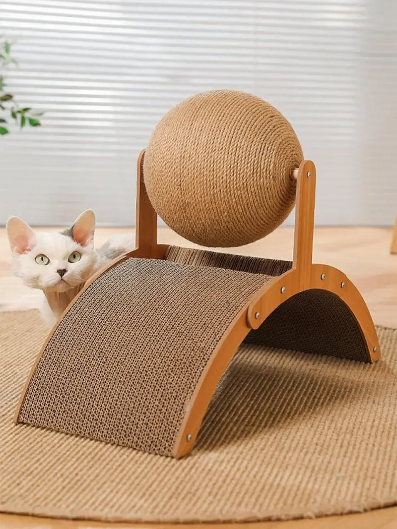 Balle à griffer 2-en-1 pour chat avec support en bois
