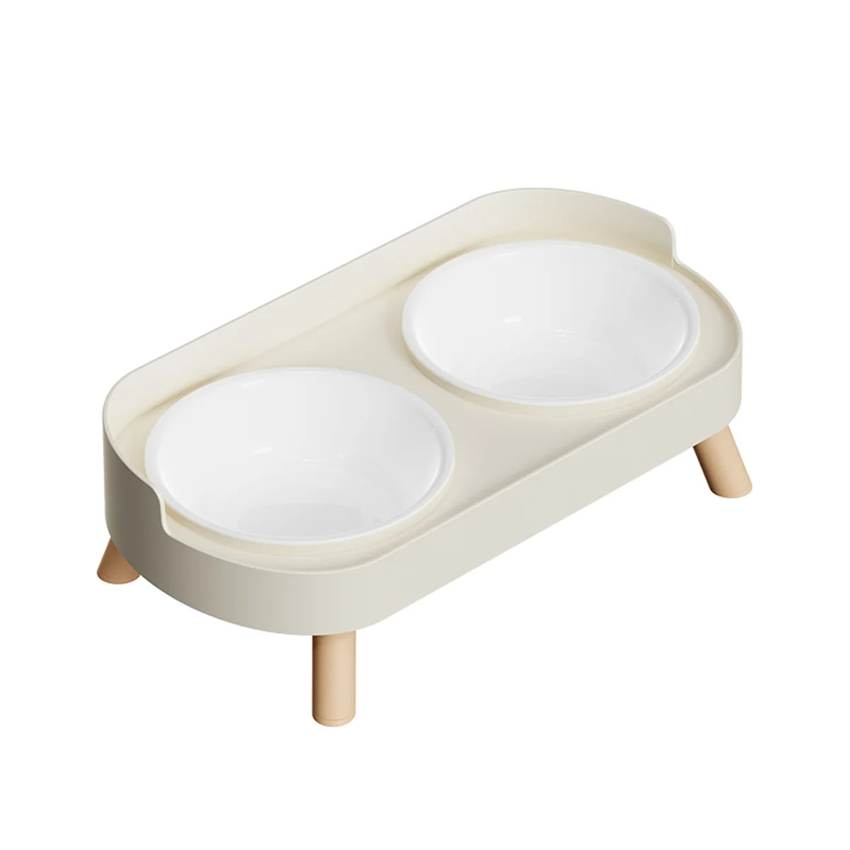 Ensemble de deux bols à nourriture pour animaux de couleur beige clair avec deux bols blancs, posés dans un plateau en bois.