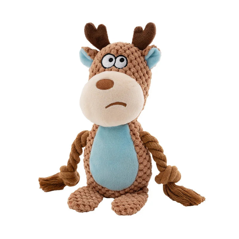 A brown plush animal toy resembling a deer or moose with large eyes and antlers.