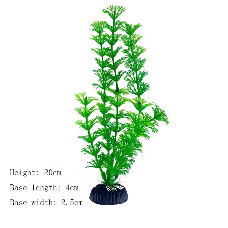 A vibrant green artificial aquarium plant with a dense, upright structure.