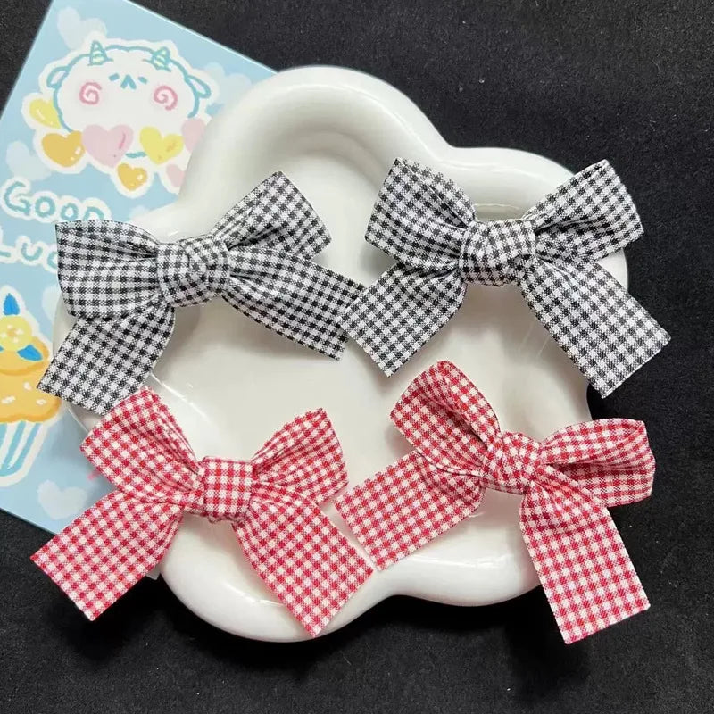 Red Plaid Fabric Bow Hair Clips for Girls