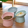 A set of pink and light green ergonomic elevated pet bowls for feeding cats and dogs on a wooden floor.