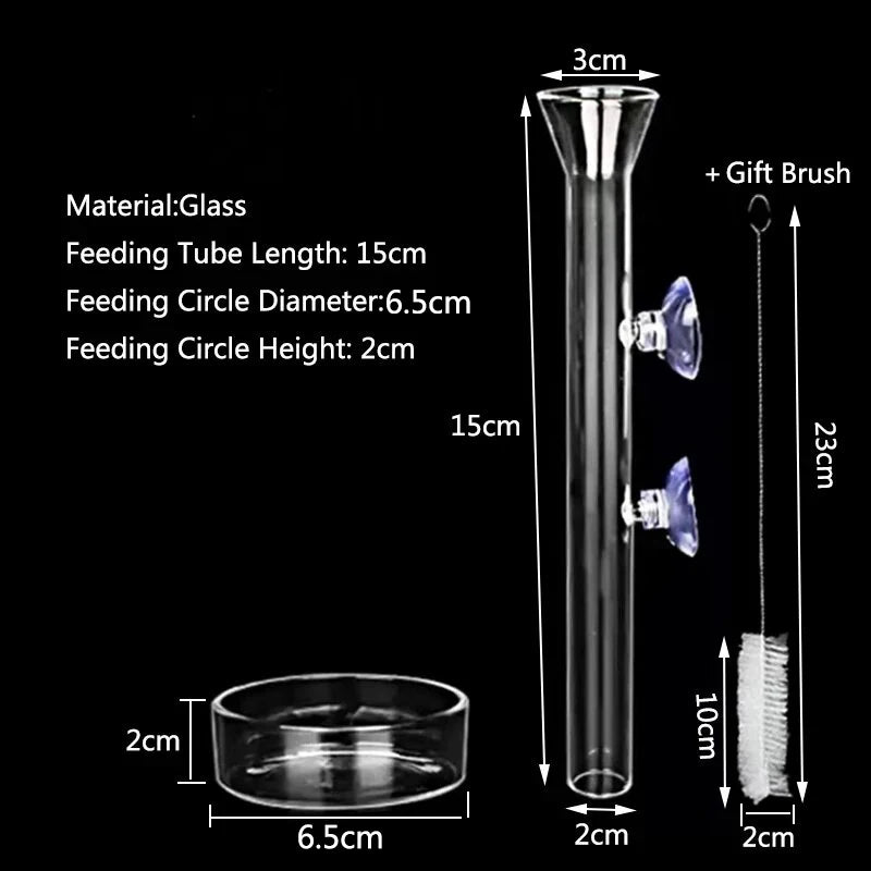A glass aquarium feeder tube with a suction cup and a gift brush shown next to its dimensions.