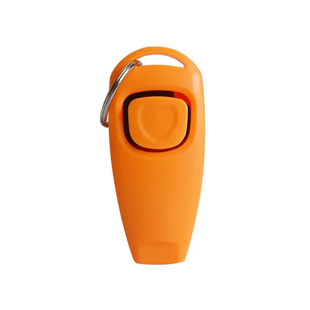 Orange 2-in-1 dog training clicker and whistle with a metal key ring.