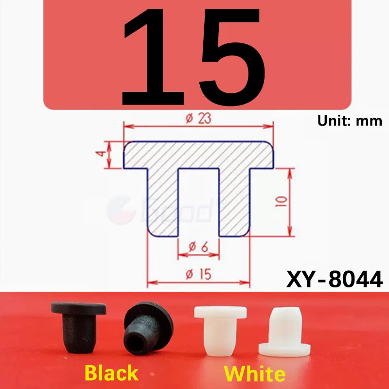 Black and white silicone rubber hole plugs shown with dimensions for XY-8044