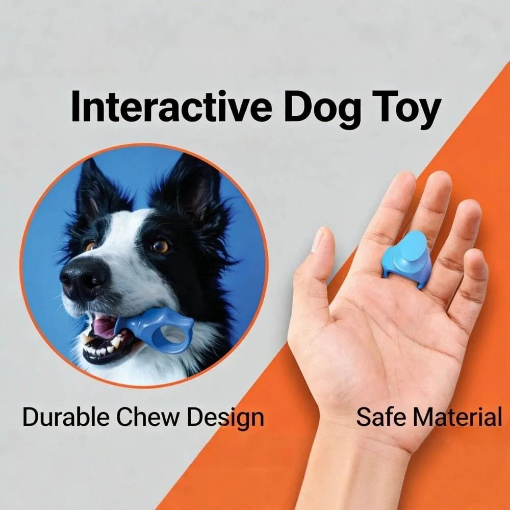 A hand holds a blue silicone pet toothbrush toy next to an image of a dog.